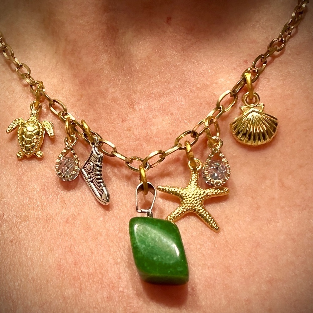 ❤️ Gold charm necklace with aquatic charms, Chucks, jade and cubic zirconia❣️